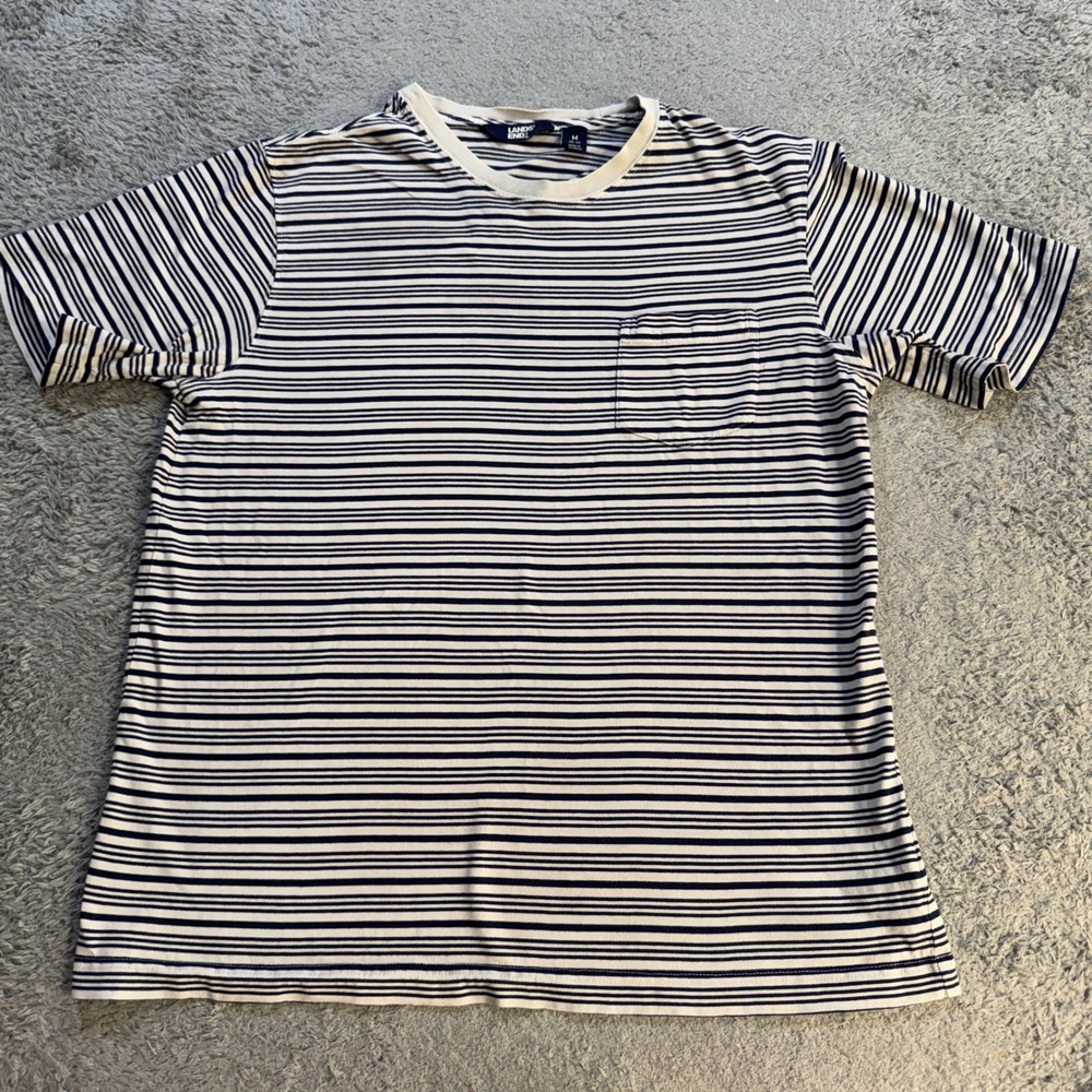 Lands End Mens Striped Pocket T-Shirt M Navy White Cotton Short Sleeve Crew Neck